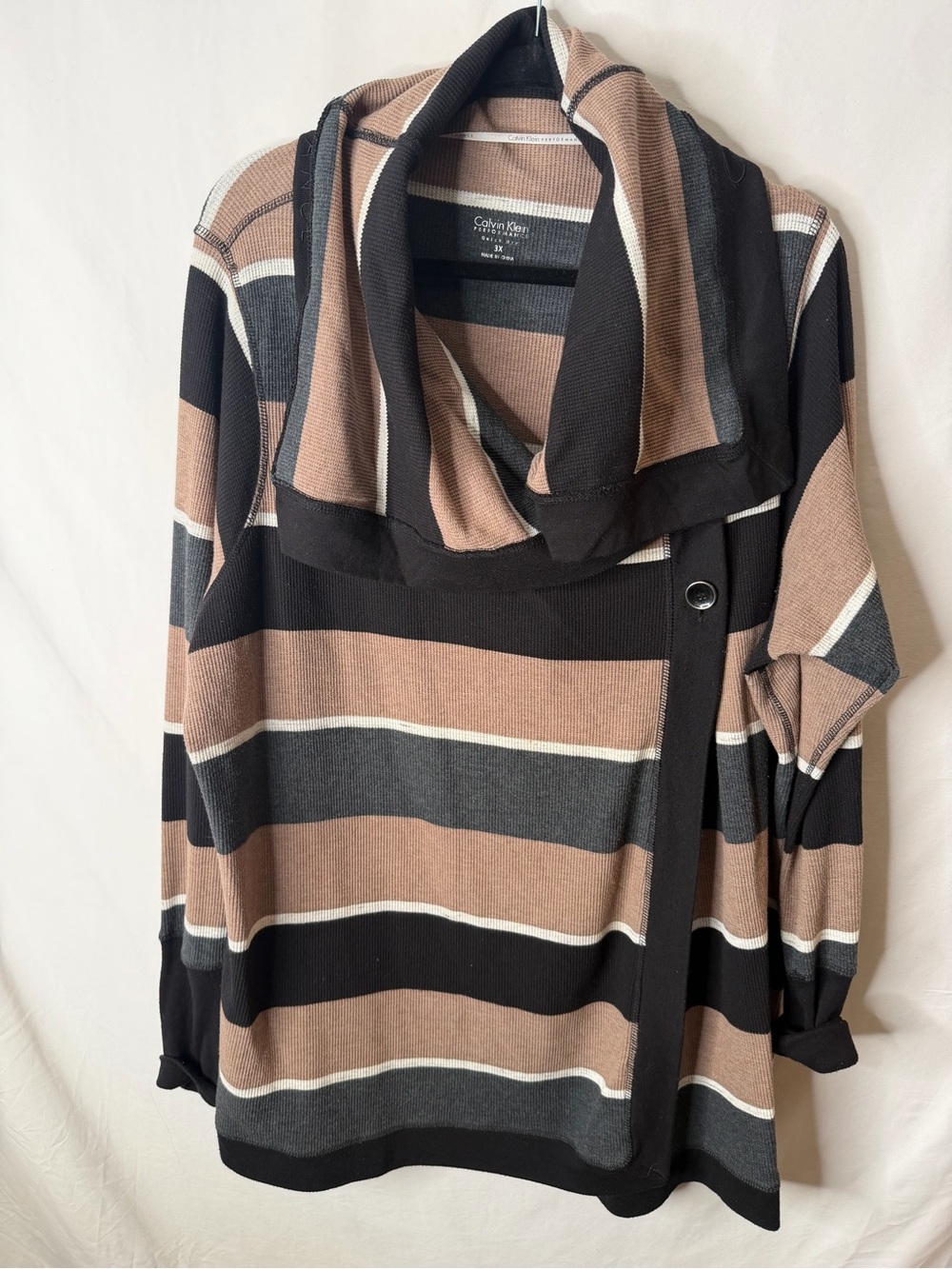 LADIES PLUS SIZE 3X Calvin Klein Striped Cowl Neck Sweater - Black, Tan & Gray